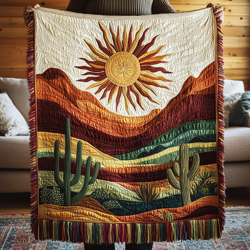 Desert Sun fringed throw – golden sun over red desert bands and cacti