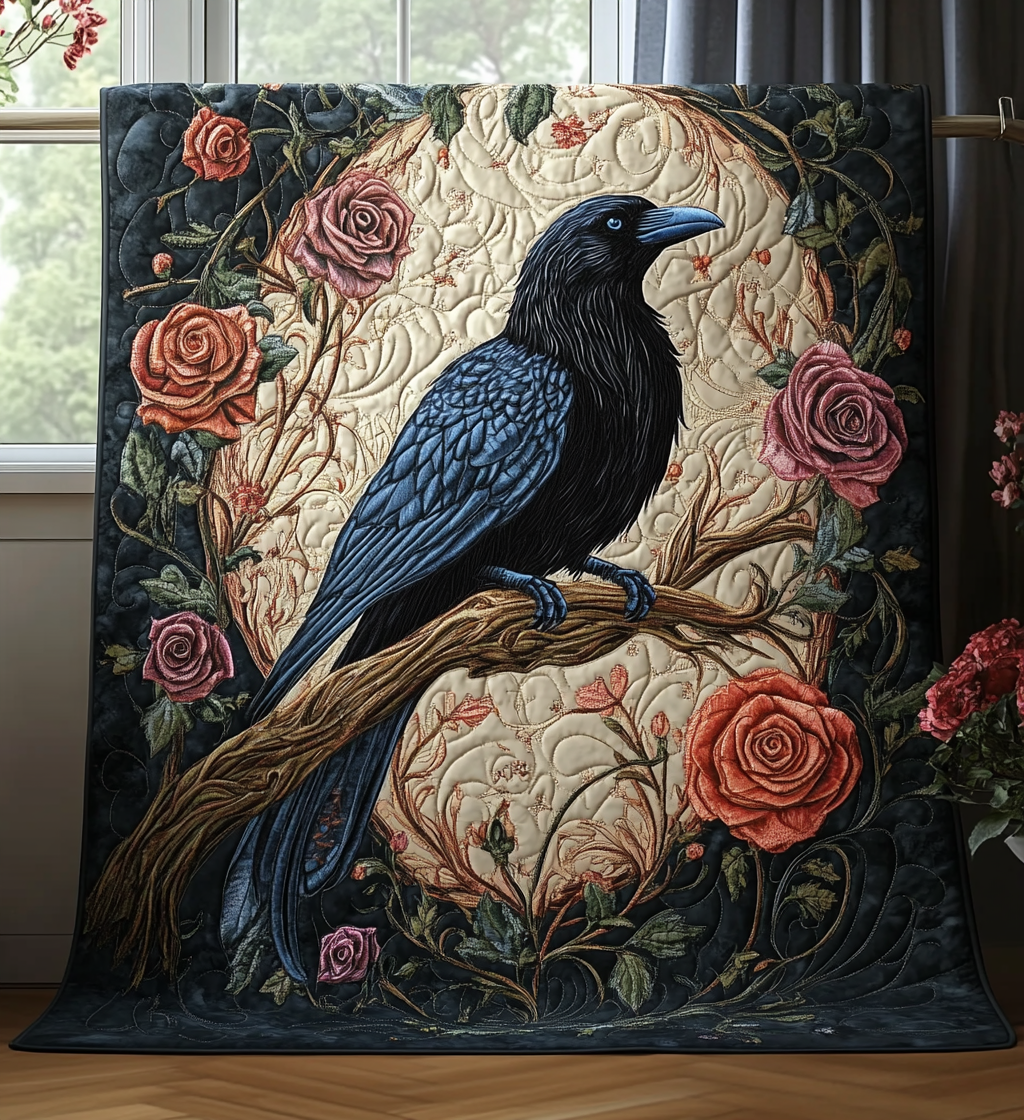 Raven and Roses quilted throw – black raven with red roses beneath the moon
