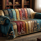 Teal Library quilted sofa cover – book spines in teal and gold