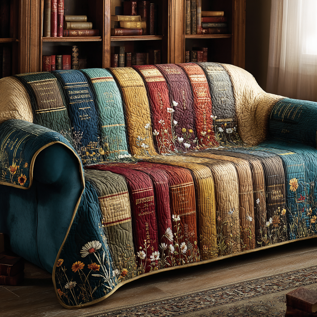 Teal Library quilted sofa cover – book spines in teal and gold
