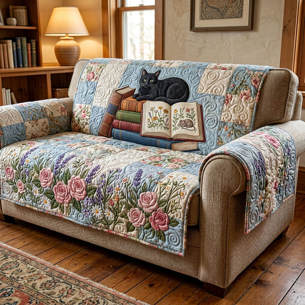 Cat in the Garden Nook quilted sofa cover – black cat on a book above flowers
