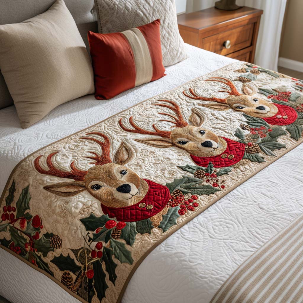 Reindeer in Scarves quilted bed runner – reindeer in red scarves among holly