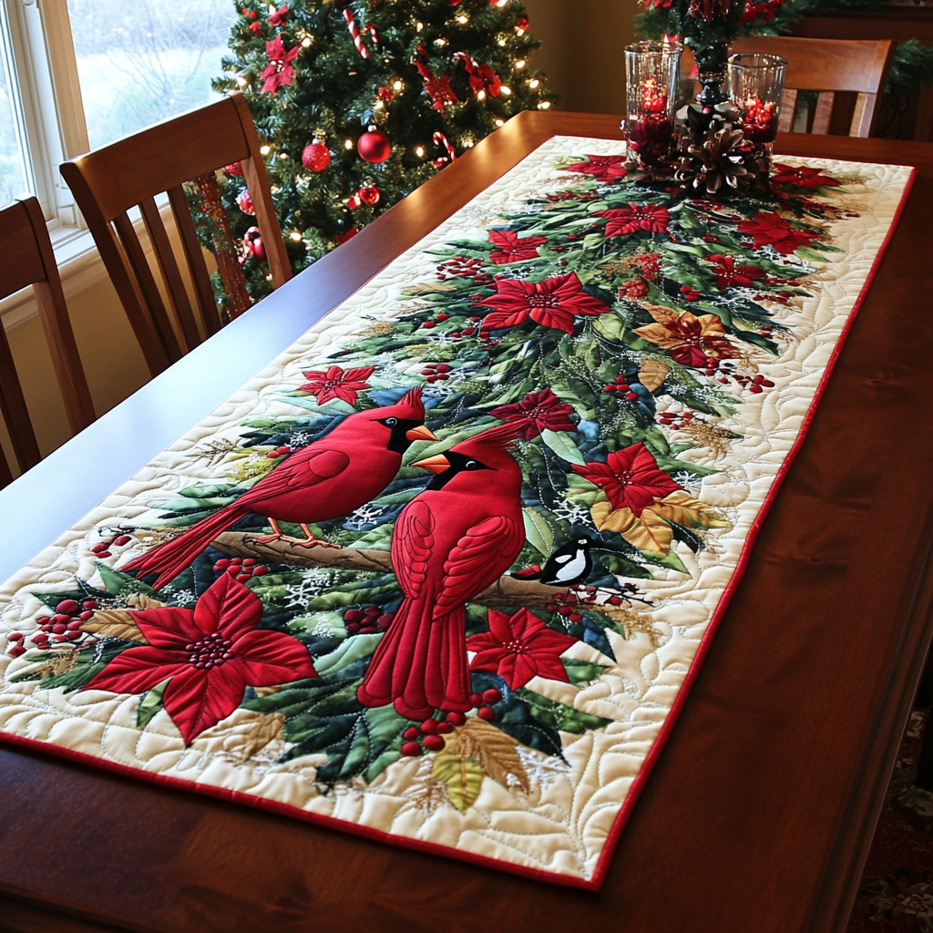 Cardinal Poinsettia Trail quilted table runner – cardinals among poinsettias