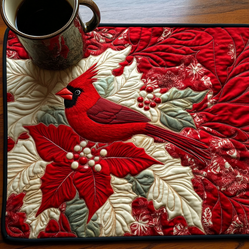 Red Feather Tapestry quilted placemats – cardinal on poinsettia
