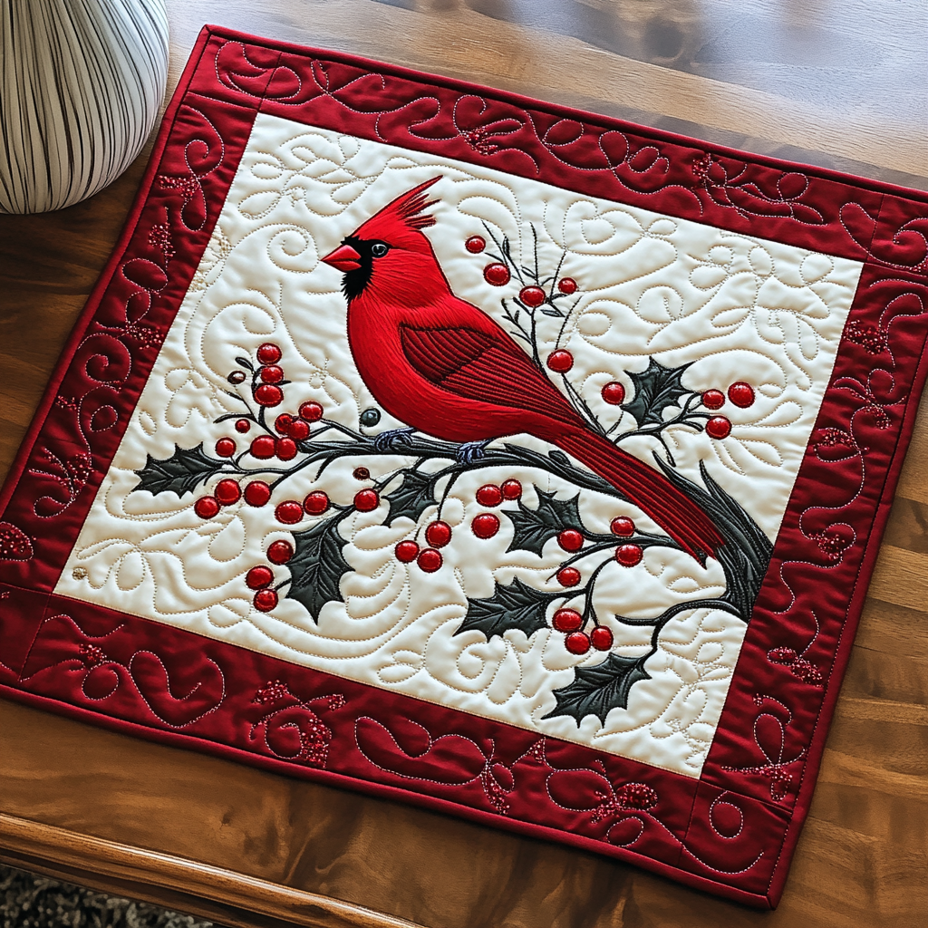 Red Feathered Winter quilted placemats – cardinal on berry branch