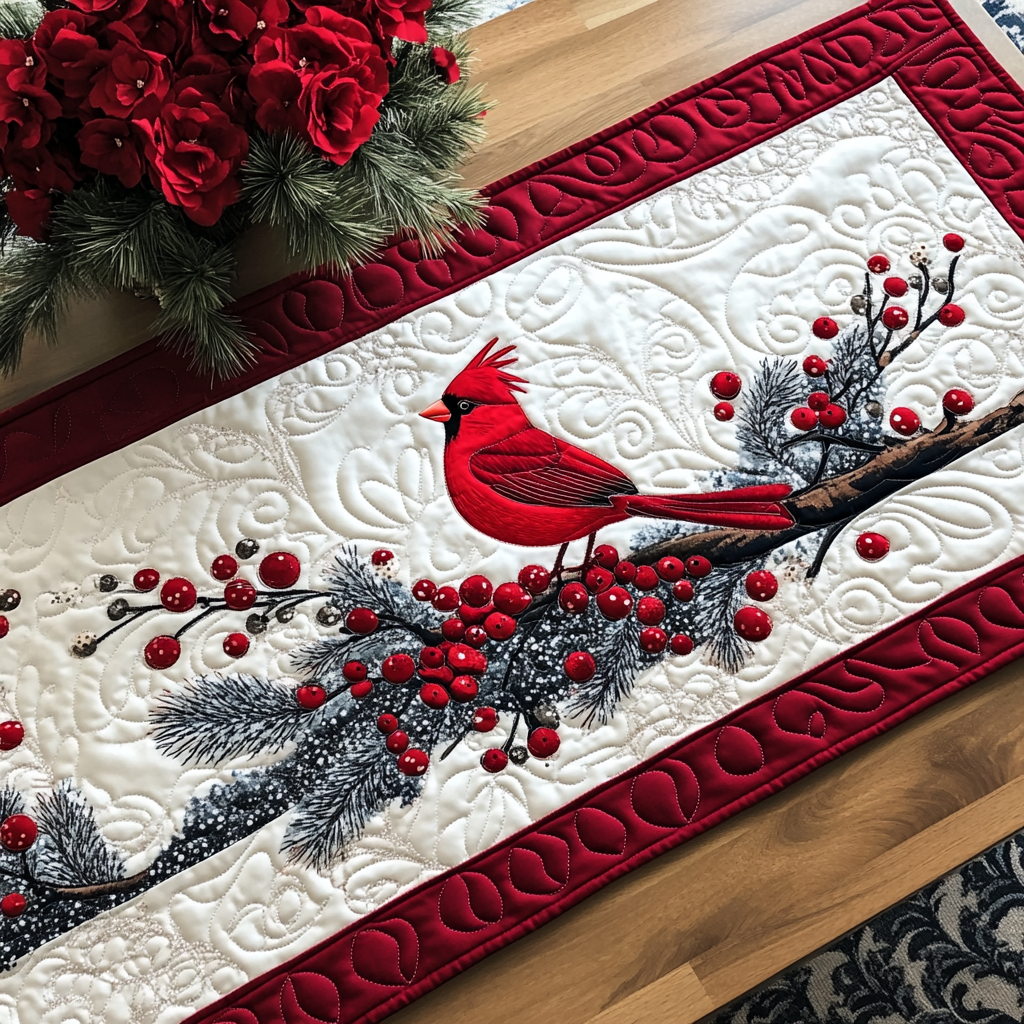 Cardinal Winter Berries quilted table runner – cardinal on a frosted branch