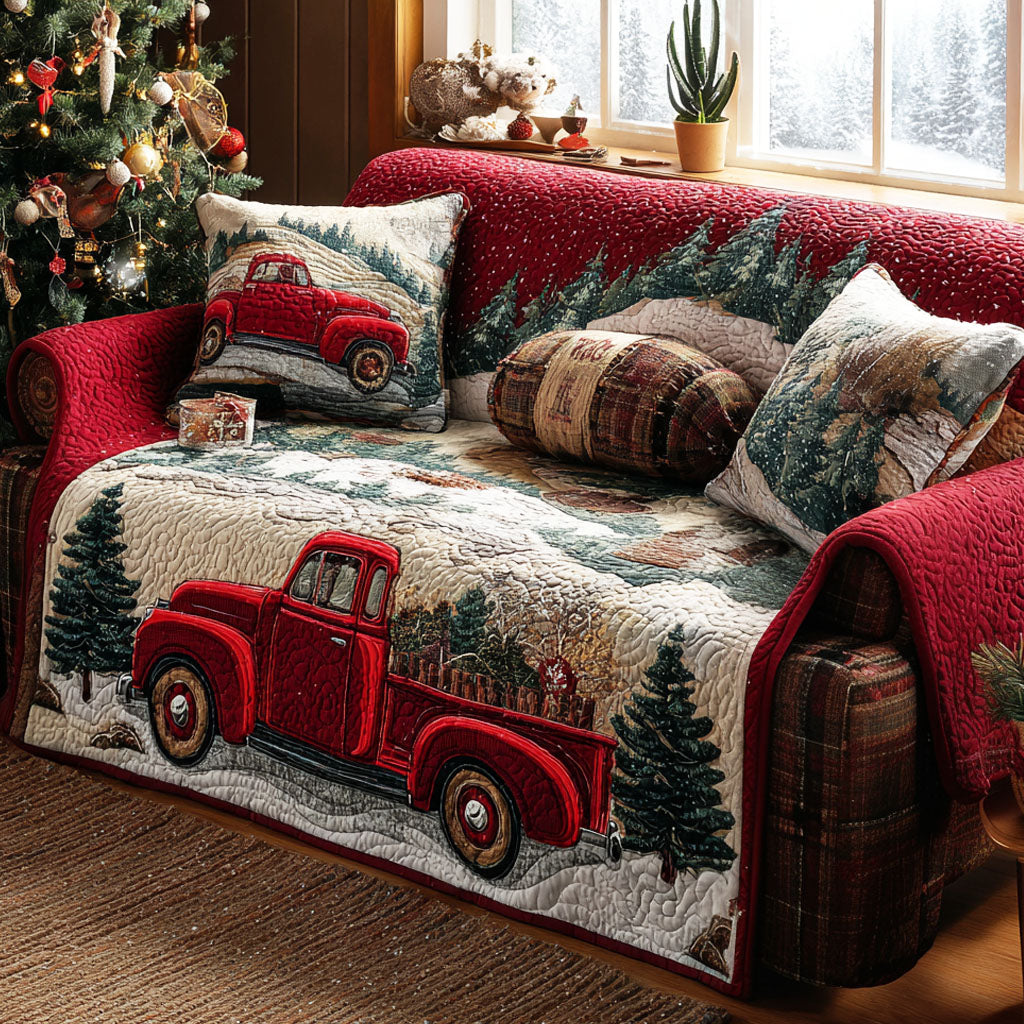 Red Truck Homecoming quilted sofa cover – red truck among snowy pines