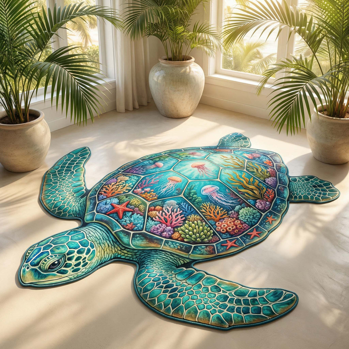 Reef Turtle shaped rug – coral-patterned turtle