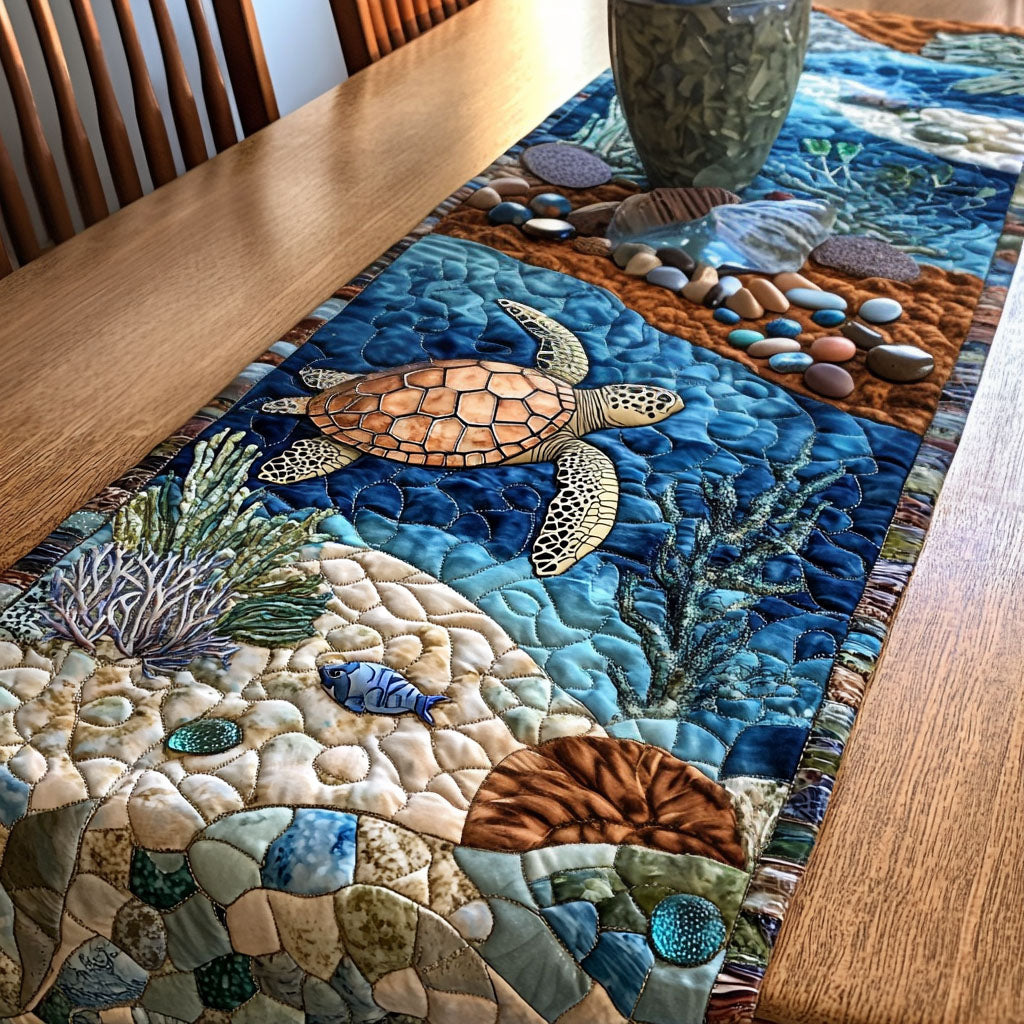 Reef Turtle quilted table runner – sea turtle among coral