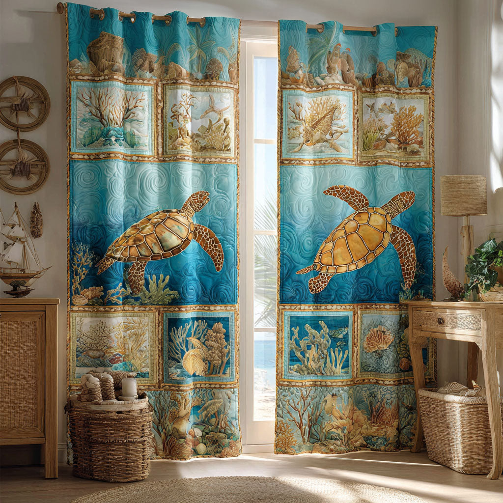 Turtle Reef Squares quilted curtains – turtles in blue squares