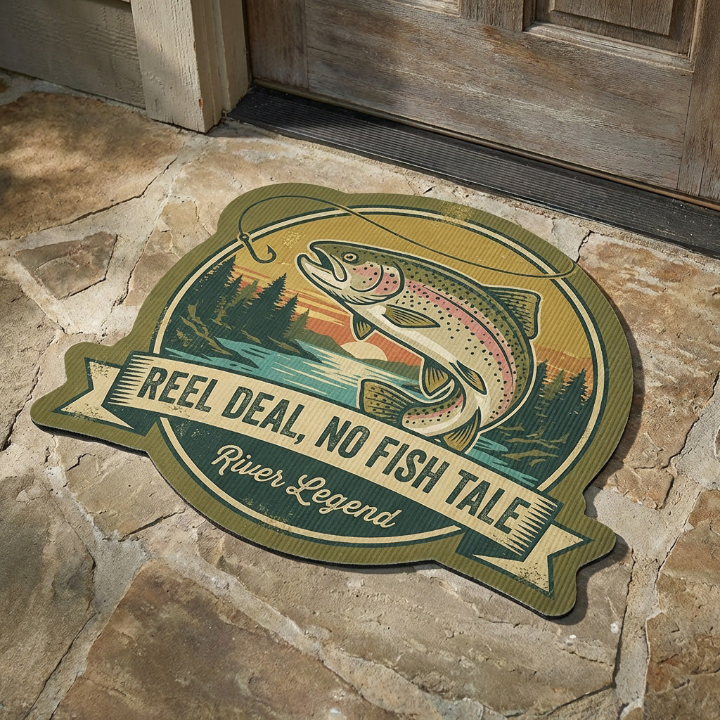 Reel Deal shaped doormat – trout badge