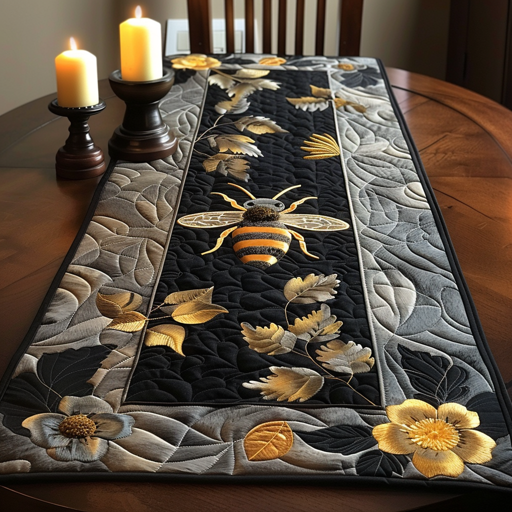 Regal Bee quilted table runner – golden bee on black