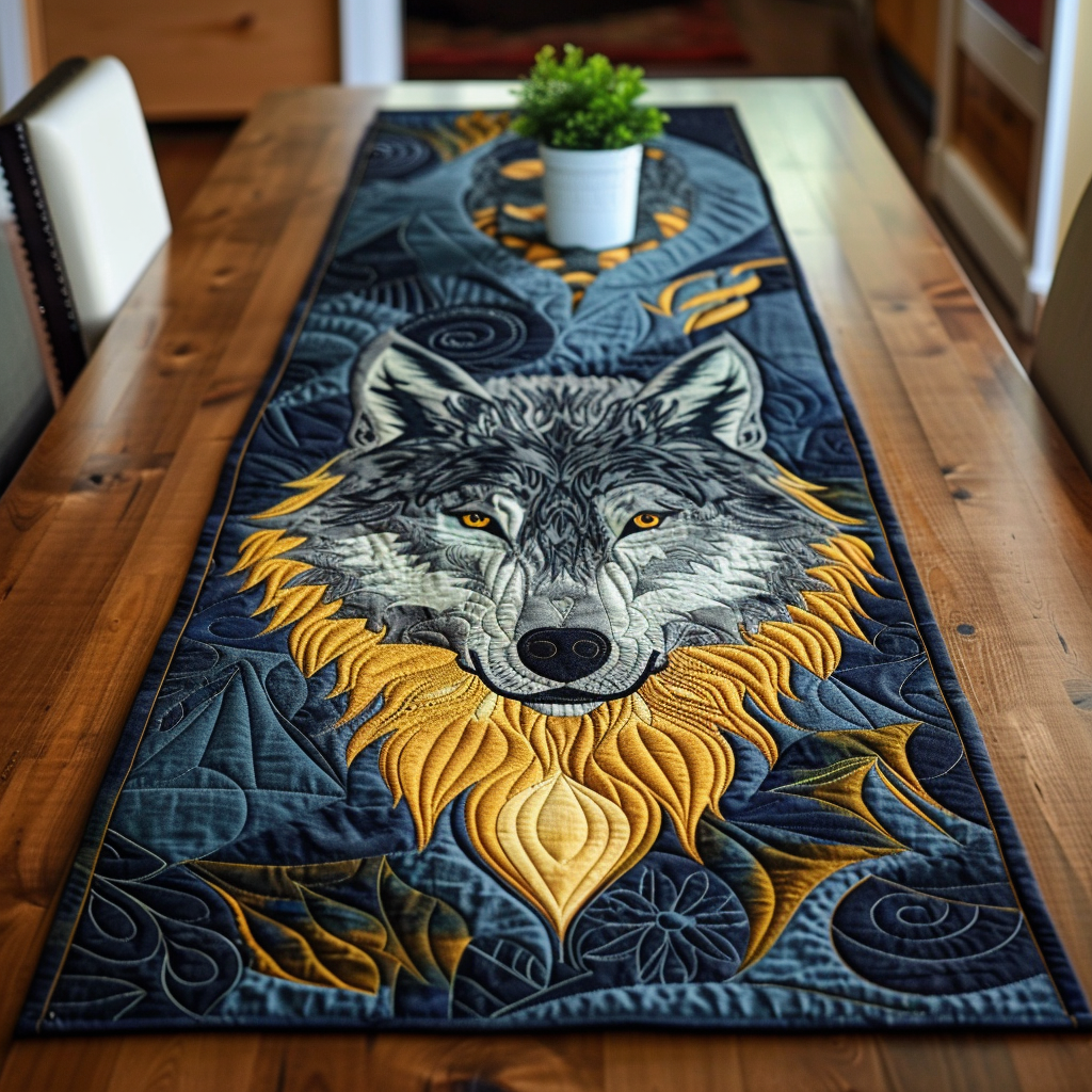 Golden Mane Wolf quilted table runner – wolf with golden mane on blue