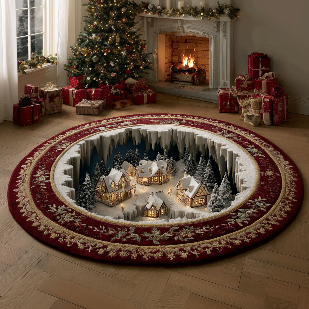 Regal Christmas Village round rug – village in a red-framed hollow