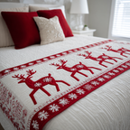 Nordic Reindeer quilted bed runner – red reindeer with Nordic borders