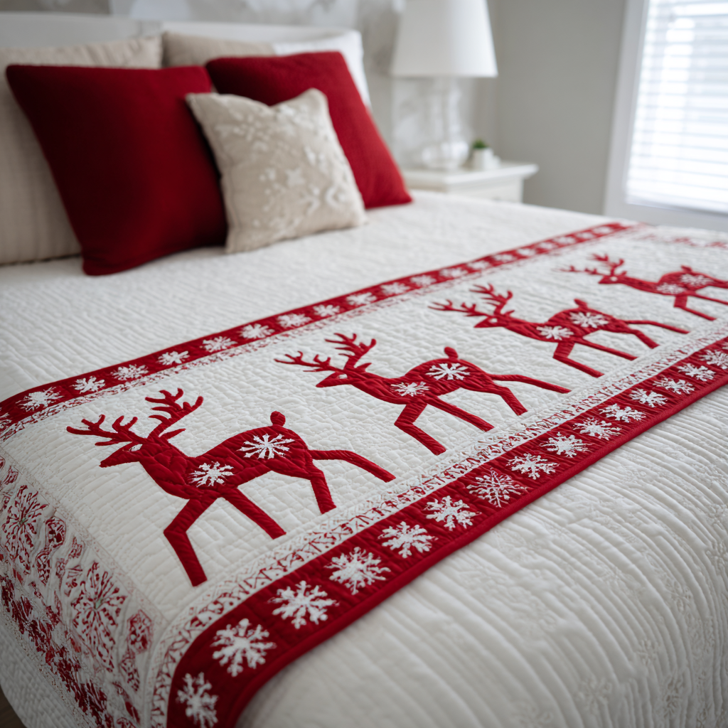 Nordic Reindeer quilted bed runner – red reindeer with Nordic borders