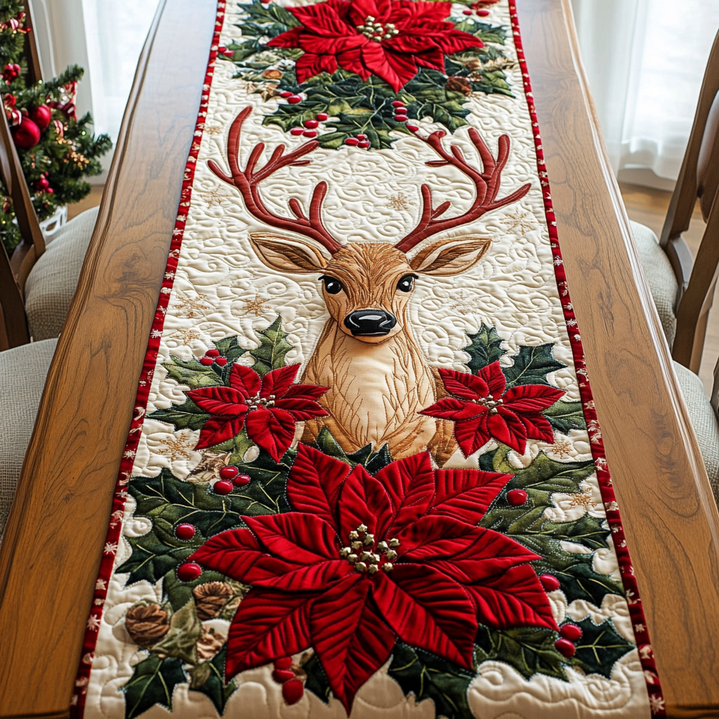 Stag and Poinsettia quilted table runner – stag above poinsettias