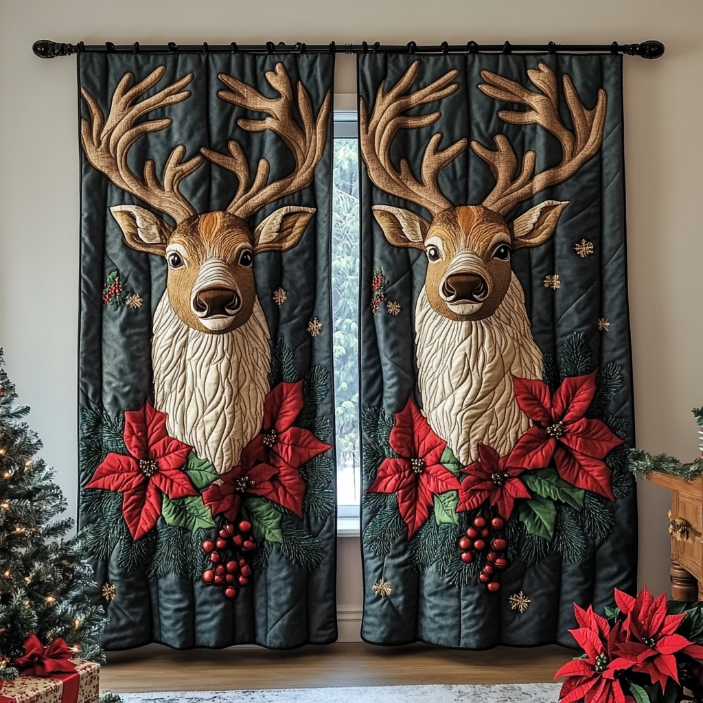Reindeer Poinsettia quilted curtains – reindeer with poinsettias
