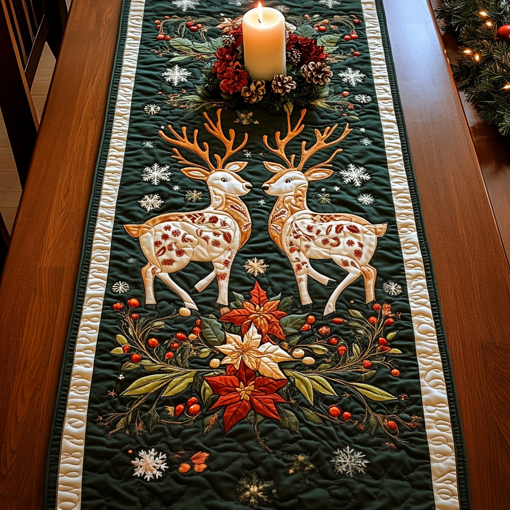 Reindeer Pair quilted table runner – two patterned reindeer