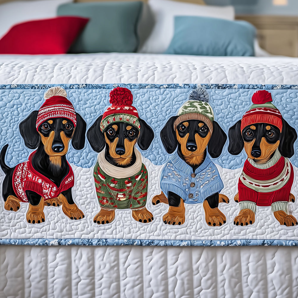 Christmas Dachshunds quilted bed runner – dachshunds in bobble hats and jumpers