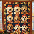 Autumn Retriever Squares quilted throw – golden Retrievers in knitted hats on navy