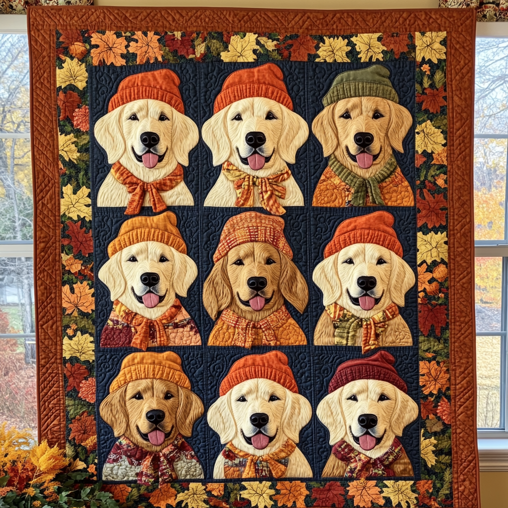 Autumn Retriever Squares quilted throw – golden Retrievers in knitted hats on navy
