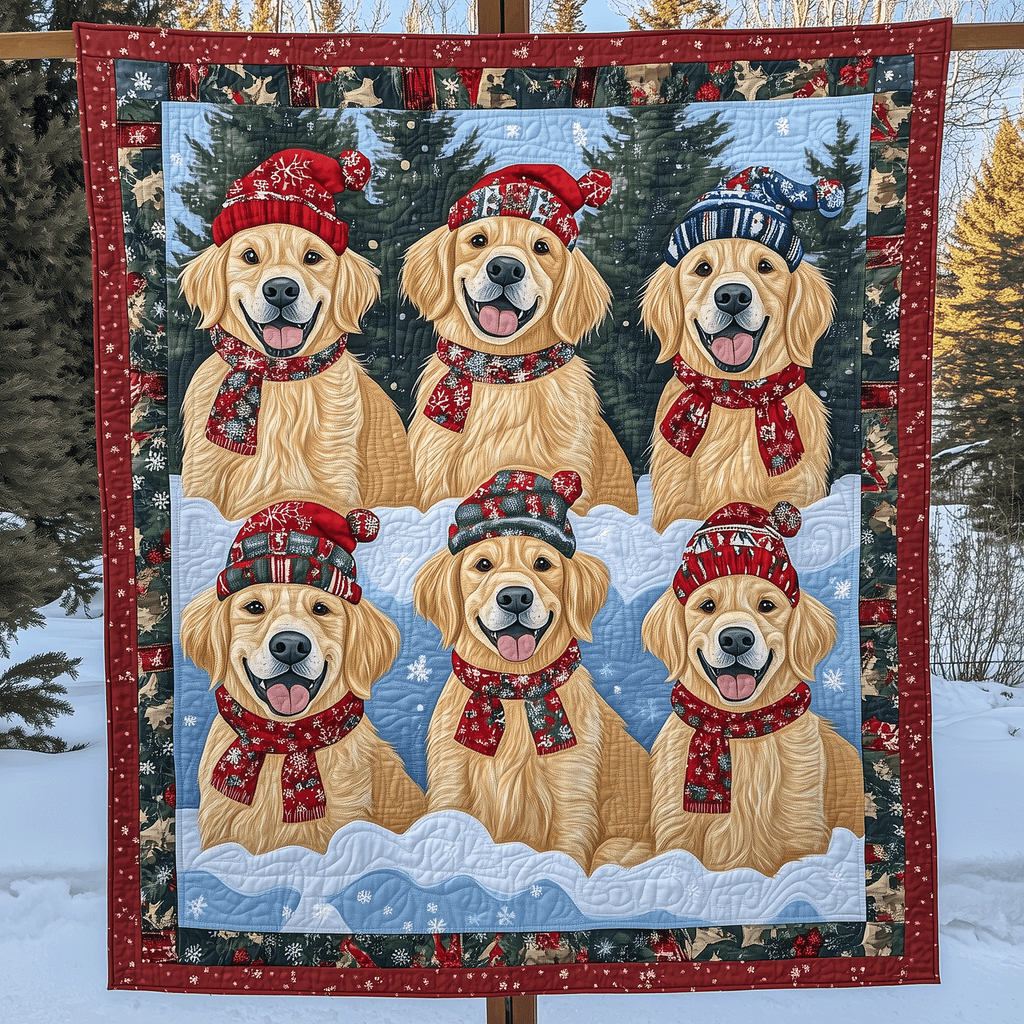 Retriever Beanies art quilt – retrievers in beanies