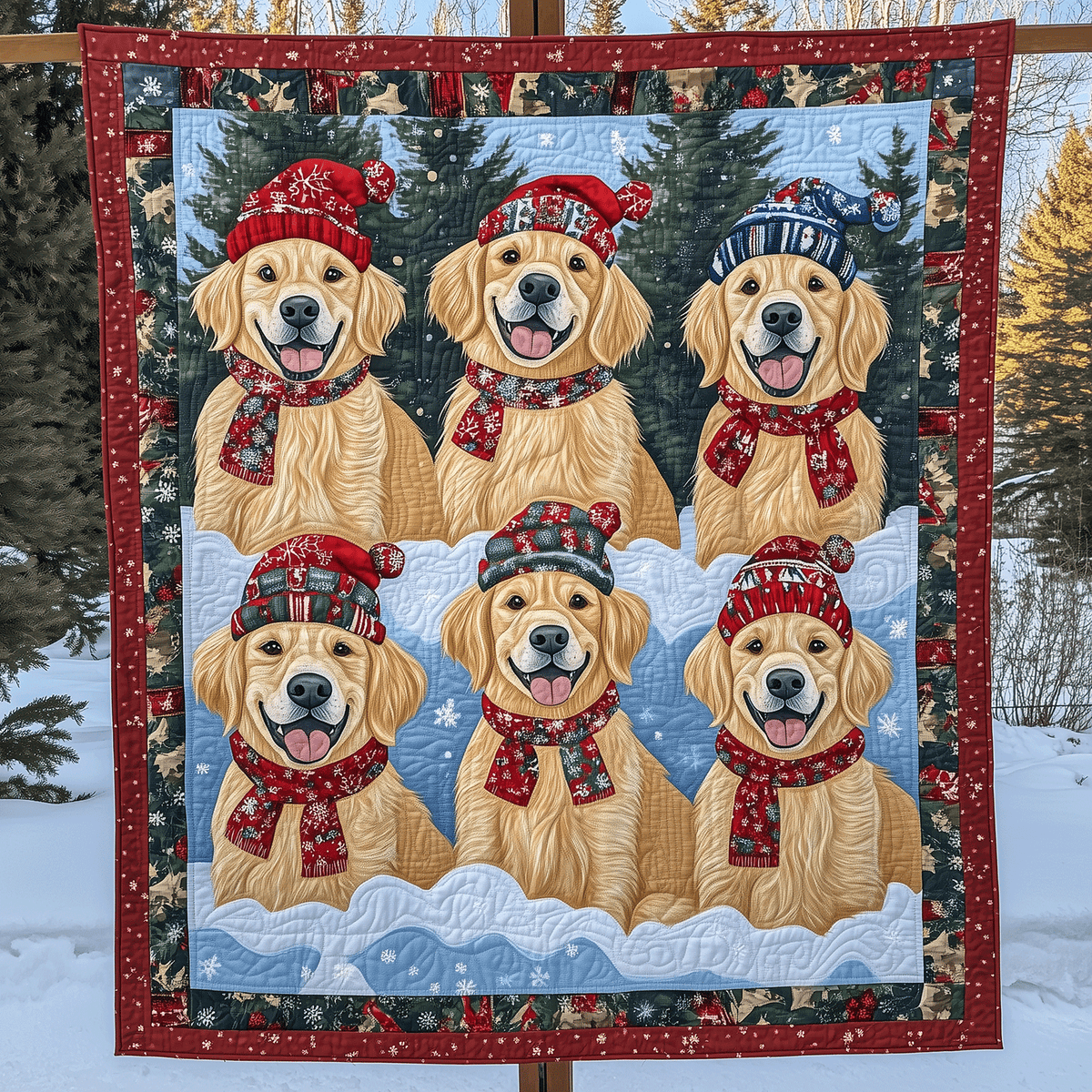 Retriever Beanies art quilt – retrievers in beanies
