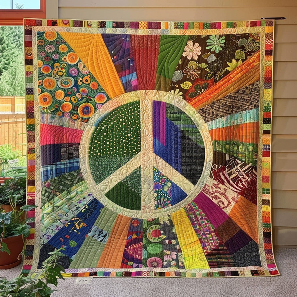 Retro Peace Patchwork quilted throw – peace sign over colourful patchwork rays