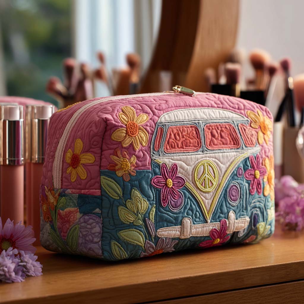 Quilted make-up bag with the Retro Bloom Journey design of camper vans and oversized daisies in mustard, teal and warm brown