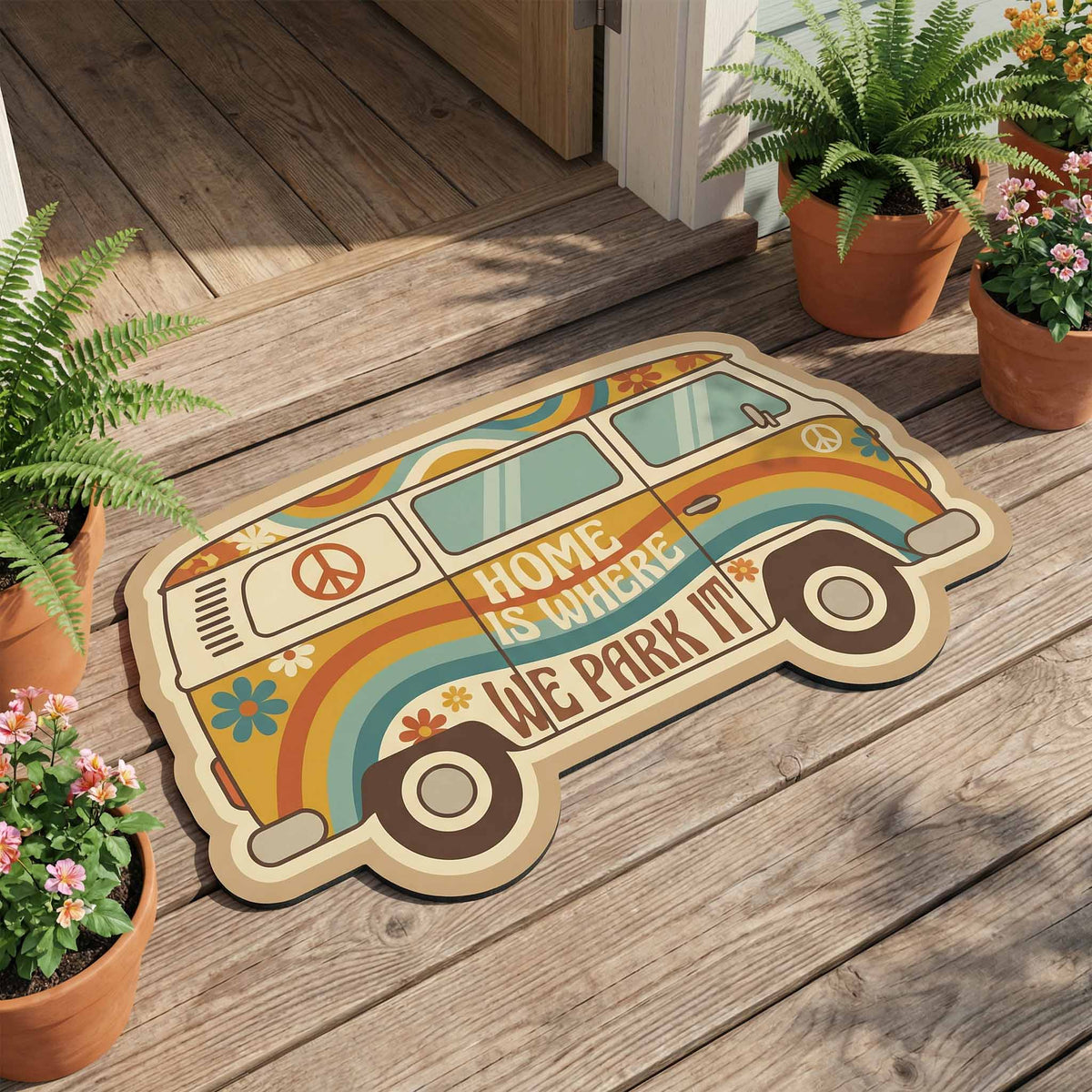 Retro Home Van shaped doormat – van with slogan