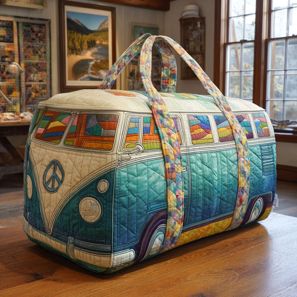 Retro Motion Van quilted weekend bag – teal patchwork van