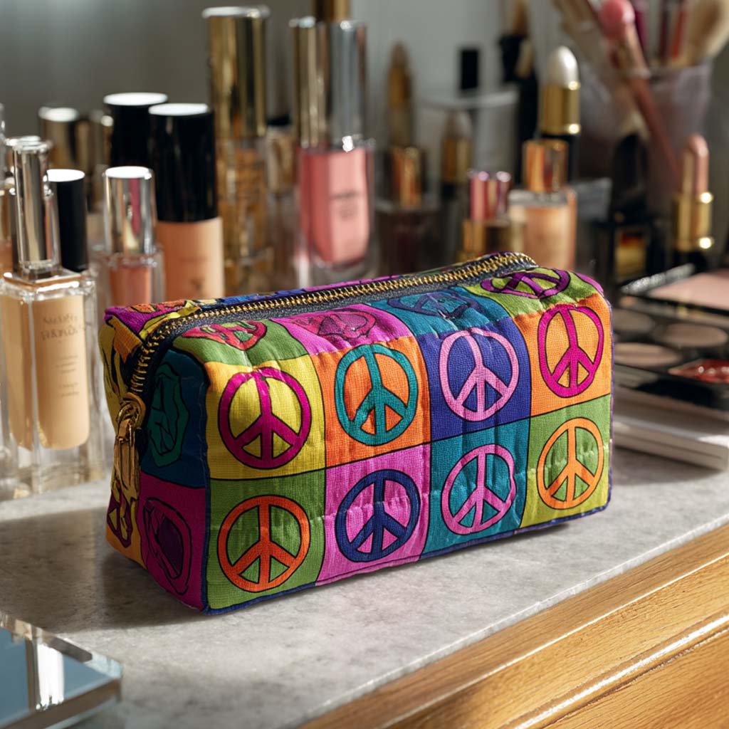 Retro Pop Peace quilted make-up bag with peace signs in bright retro colour squares