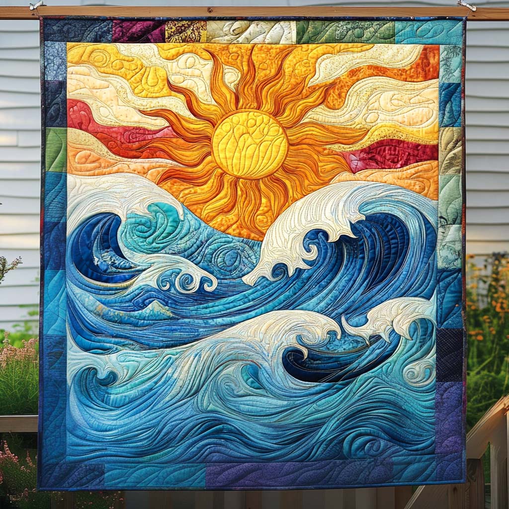Sun and Great Wave quilted throw – golden sun over a great curling wave