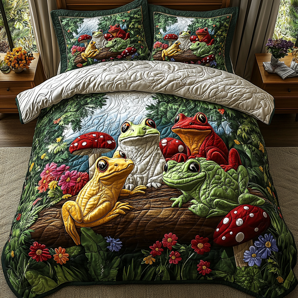 Frogs and Toadstools quilted bedspread set – frogs on a log with red toadstools