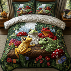 Frogs and Toadstools quilted bedspread set – frogs on a log with red toadstools