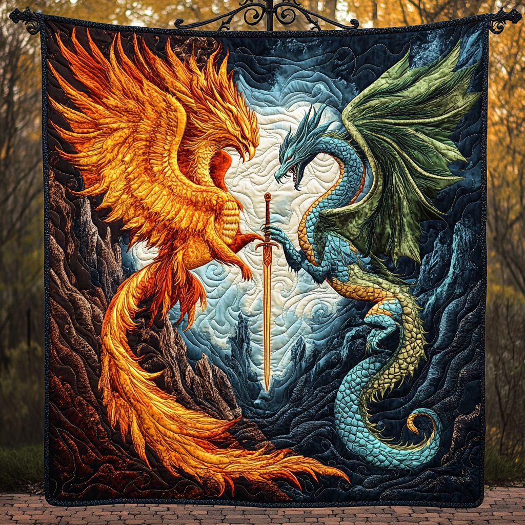 Phoenix and Dragon quilted throw – fiery phoenix and green dragon