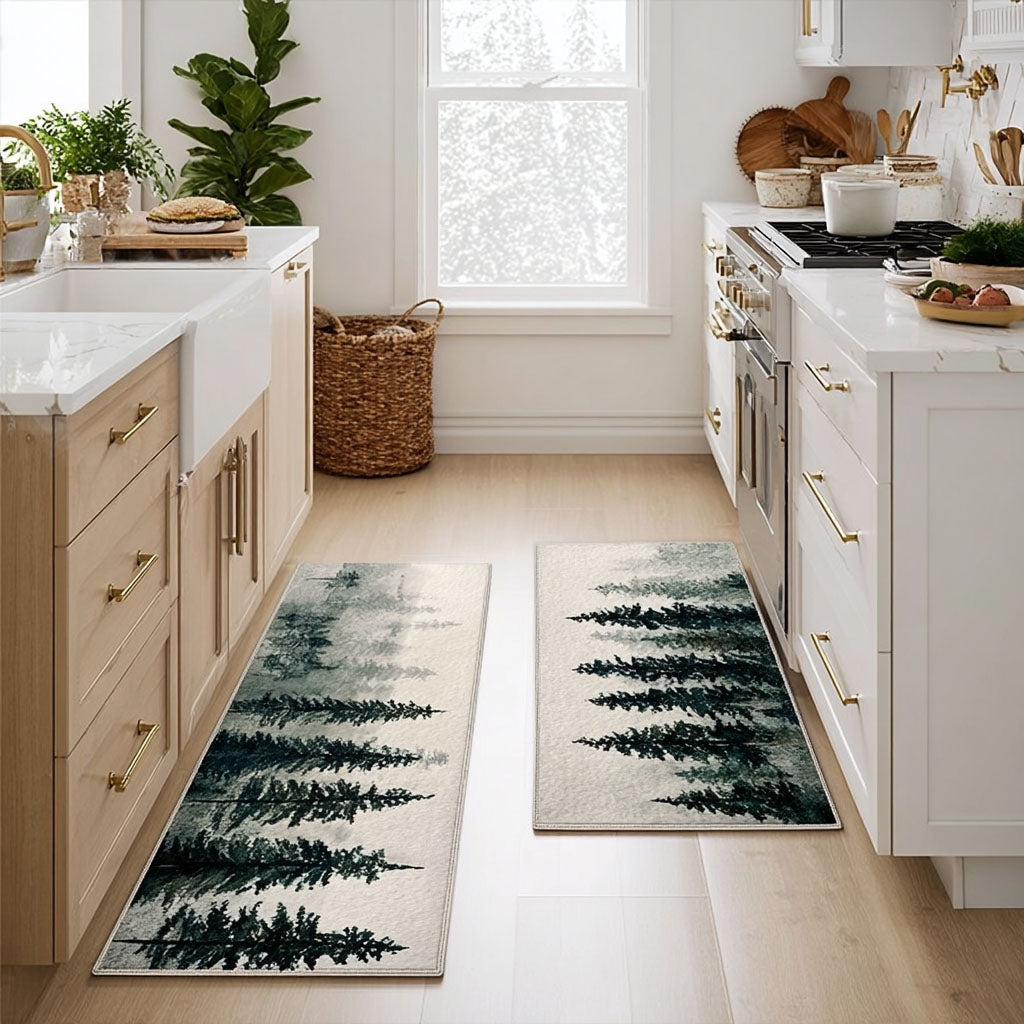 Stream and Pines kitchen mat set – pines on cream