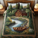 Riverside Cabin quilted bedspread set – log cabin by a river with a rowing boat