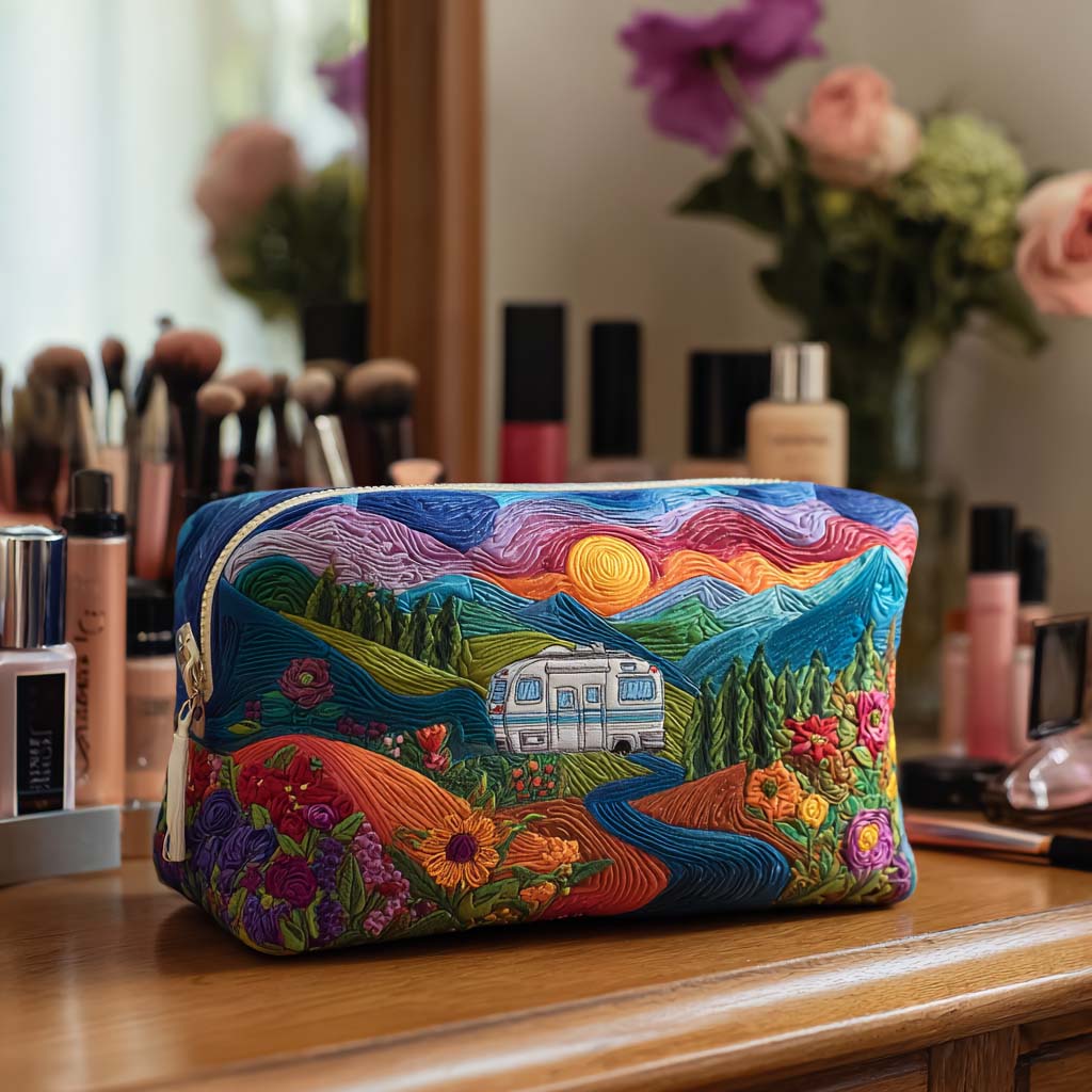 Quilted make-up bag with the Road of Colours design of brightly painted camper vans and classic buses in a row among daisies