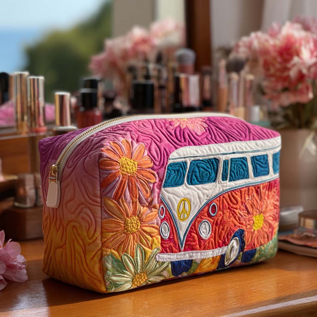 Quilted make-up bag with the Road to Rainbow Peaks design of a camper van winding towards striped rainbow mountains past daisy verges