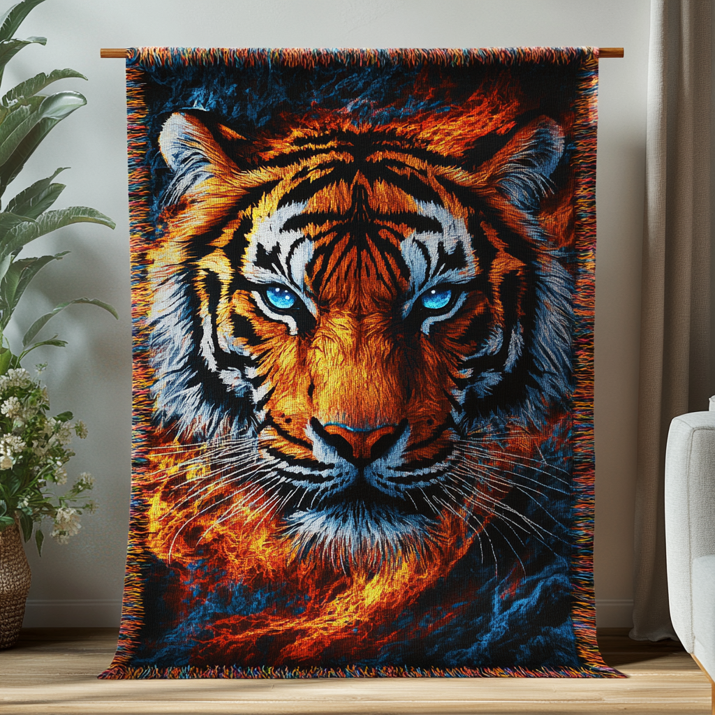 Blazing Tiger woven sofa throw – tiger face in fiery tones