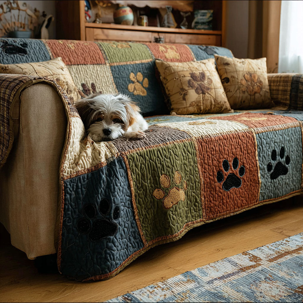 Puppy Paw Patchwork quilted sofa cover – puppy among paw print patchwork