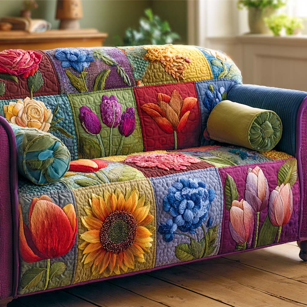 Tulip and Sunflower Patchwork quilted sofa cover – tulips and sunflowers in patchwork