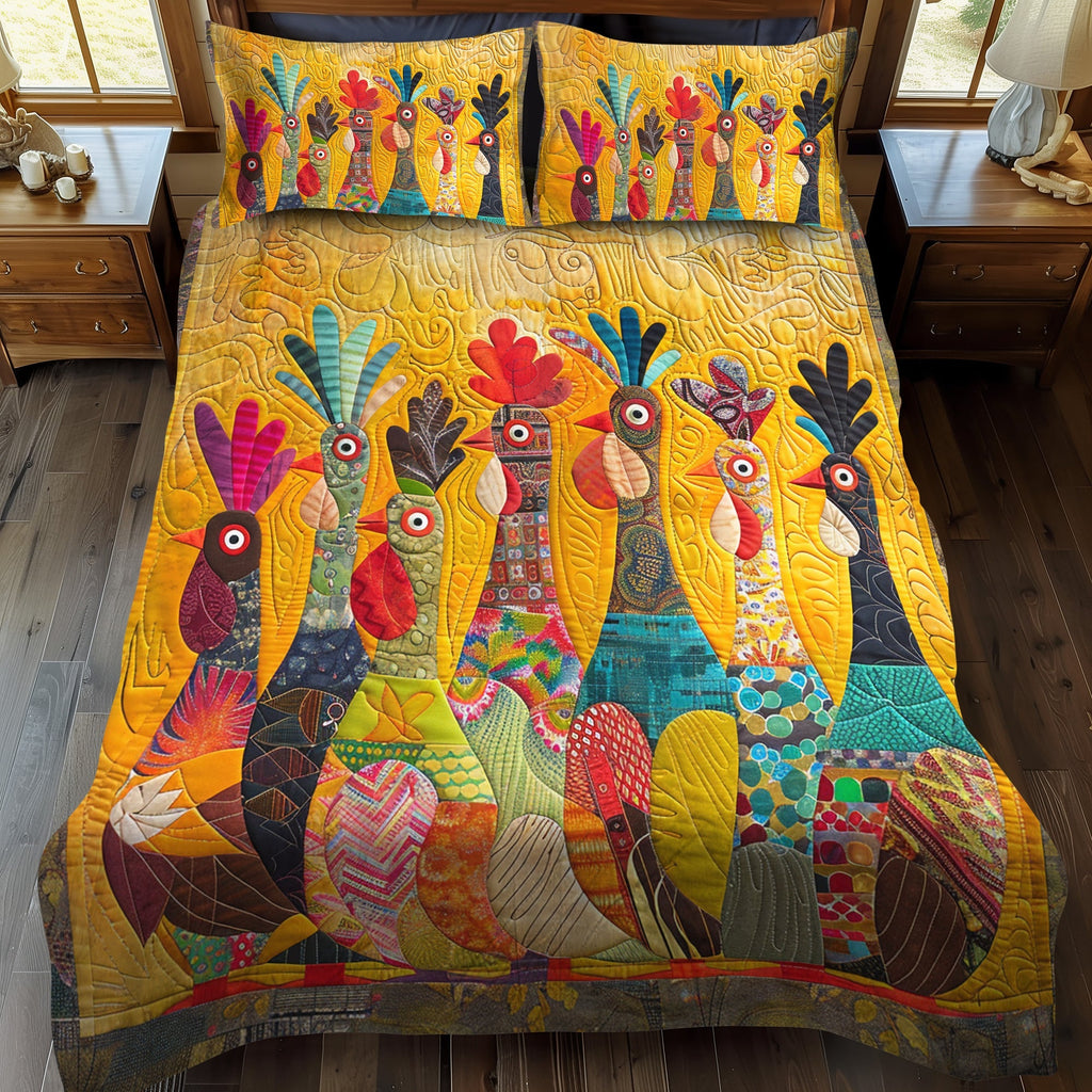 Rooster Parade quilted bedspread set – folk art roosters on golden yellow
