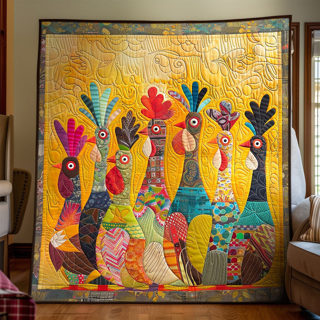 Rooster Club art quilt – row of roosters