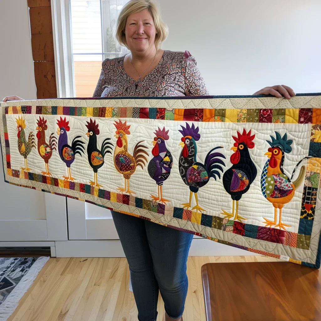 The Cockerel Parade quilted table runner laid down the centre of a kitchen table