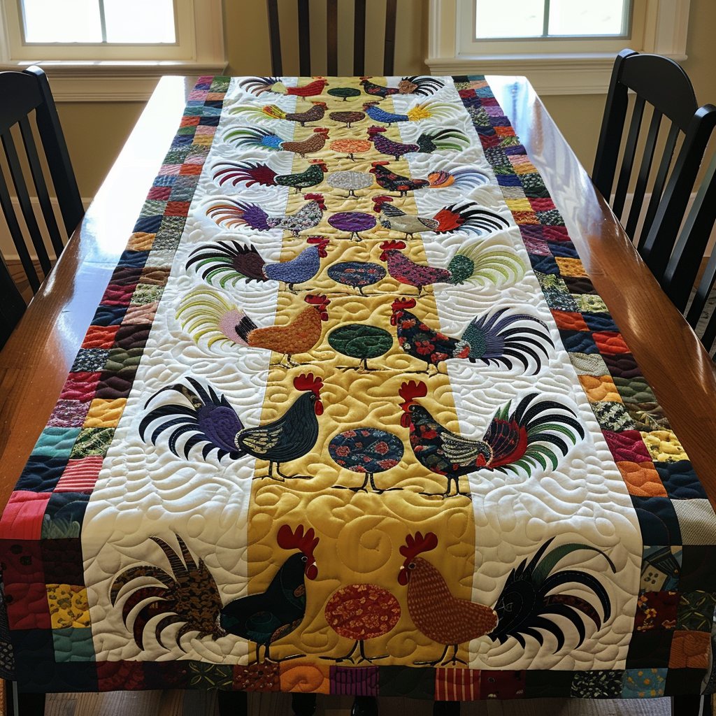 Rooster Strip Quilt quilted table runner – roosters on cream and gold strips