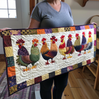 Rooster Rally quilted table runner – row of colourful roosters