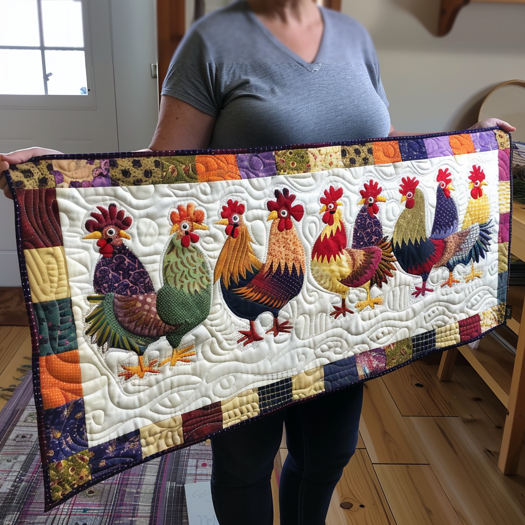 Rooster Rally quilted table runner – row of colourful roosters